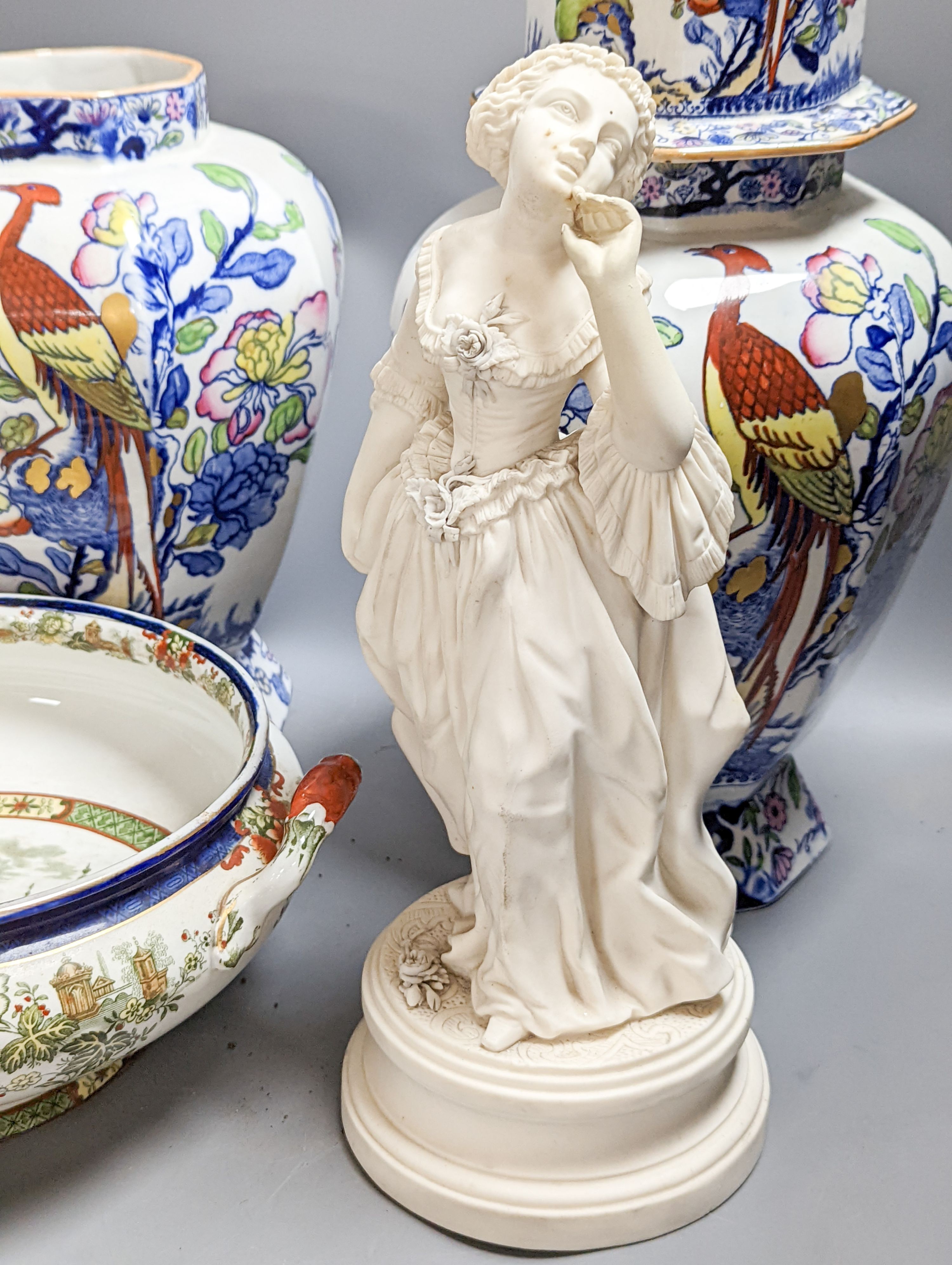 A pair of Masons vase, a Doulton Madras pattern bowl, bisque figure and moulded glass Madonna and Child 40cm